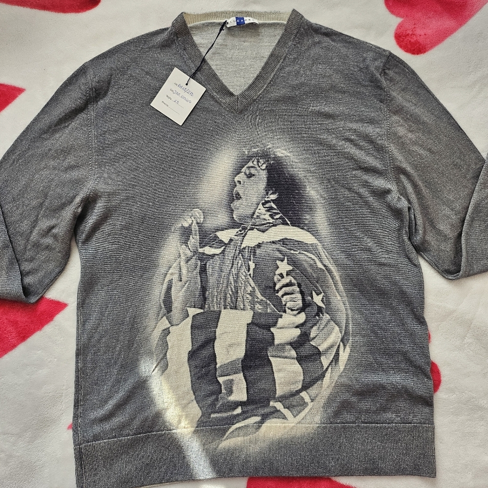 Gray V-Neck Sweater with Graphic Design